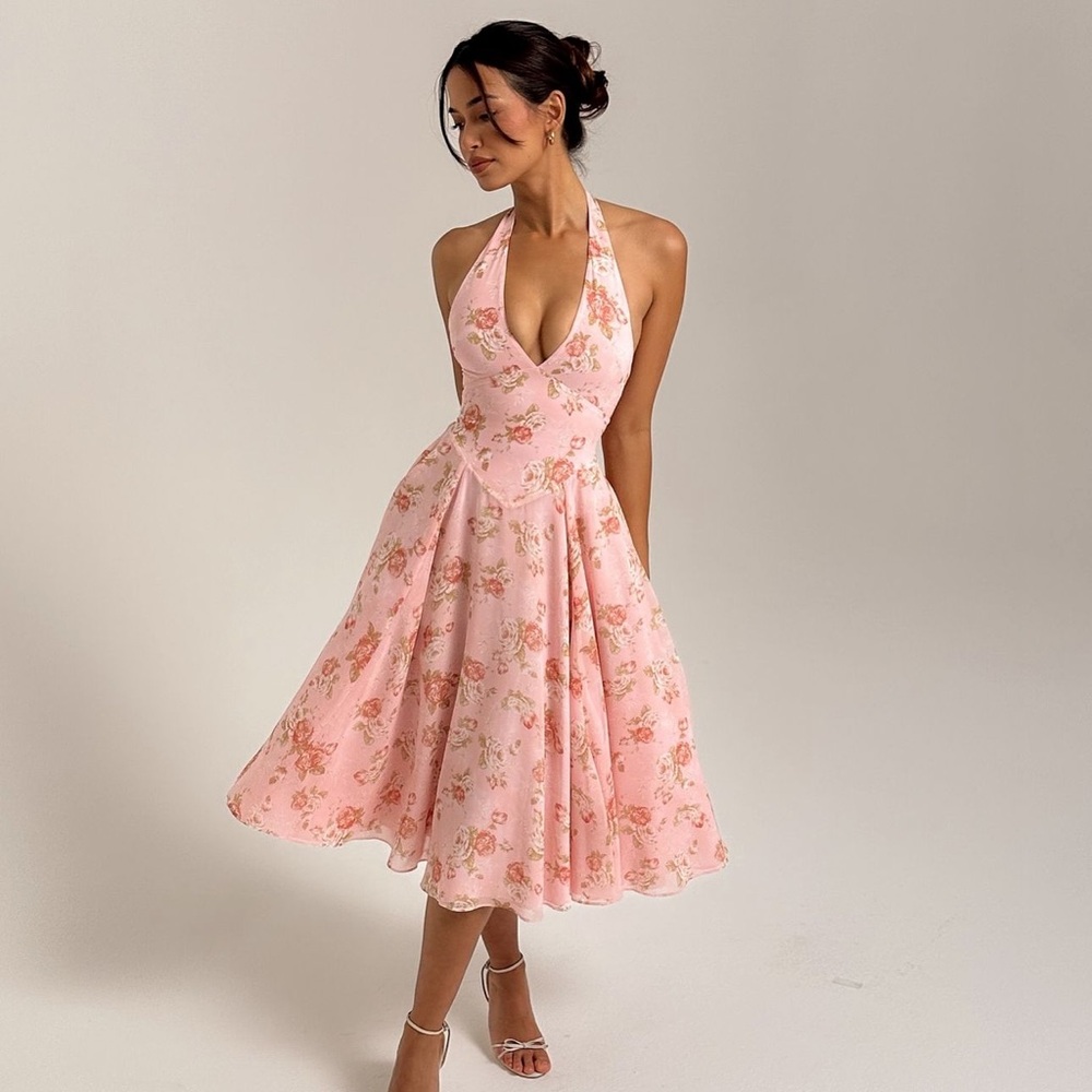 VINTAGE ROSE PRINT GEORGETTE HALTER SUNDRESS
